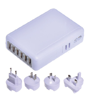 6.0Amp USB x6 Travel Charger With Universal AC Plugs (Special for iPad)